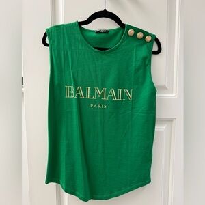 Balmain Vibrant Green Muscle Tee with Gold Accents